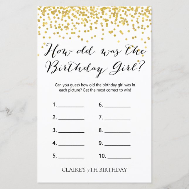 Gold Confetti How old was the Birthday Girl  Game (Front)