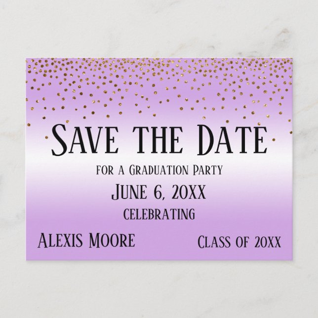 Gold Confetti Lavender Graduation Save the Date Postcard (Front)