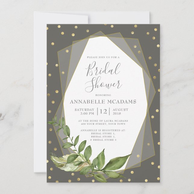 Gold Confetti Leaves Grey Geometric Bridal Shower Invitation (Front)