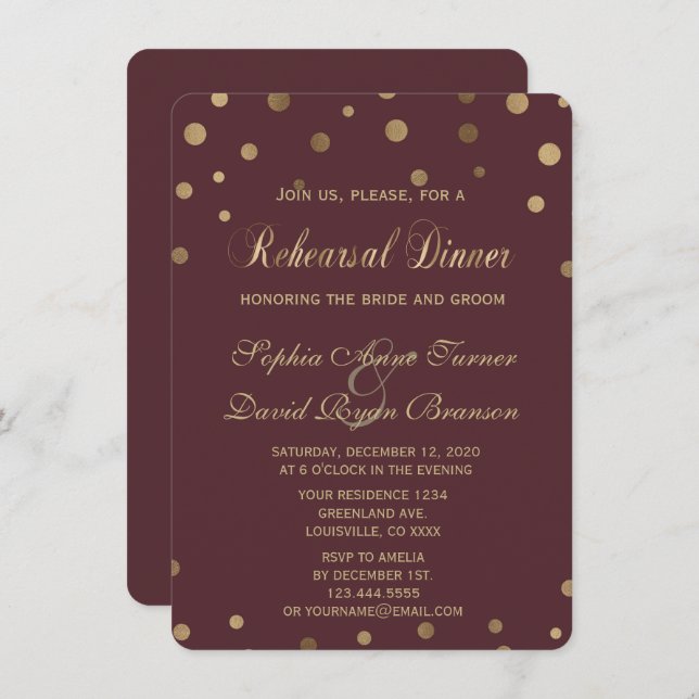 Gold Confetti Love Burgundy Rehearsal Dinner Invitation (Front/Back)