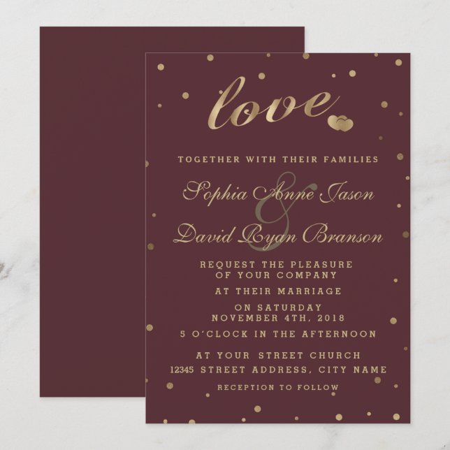 Gold Confetti Love Burgundy Wedding Invite (Front/Back)