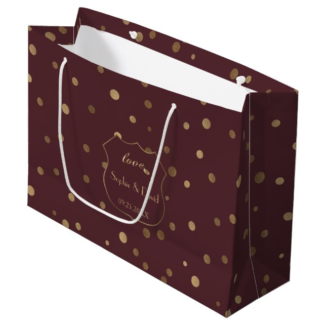 Gold Confetti Love Burgundy Wedding Large Gift Bag (Front Angled)