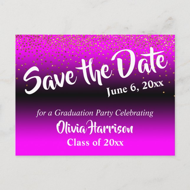 Gold Confetti Magenta Graduation Save the Date Postcard (Front)