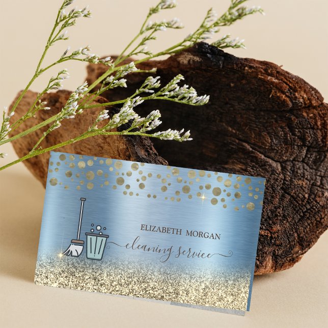 Gold Confetti Maid Cleaning Glitter Blue Business Card (Creator Uploaded)