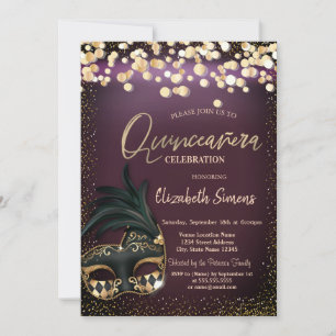 Gold Confetti Masque Burgundy Quinceañera   Invitation