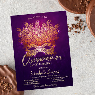 Gold Confetti Masque Purple Quinceañera  Invitation