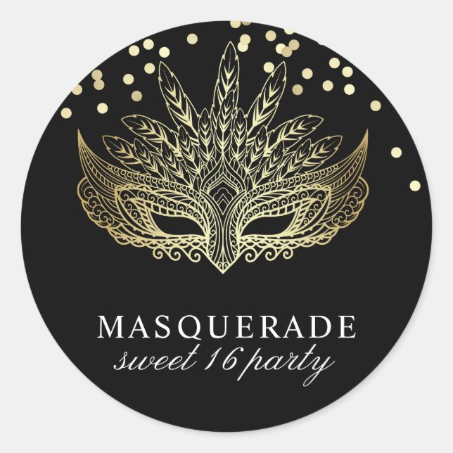 Gold Confetti Masquerade Sweet 16 Party Classic Round Sticker (Front)