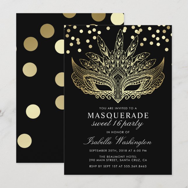Gold Confetti Masquerade Sweet 16 Party Invitation (Front/Back)