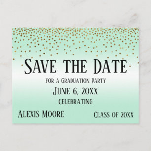 Gold Confetti Mint Green Graduation Save the Date Postcard