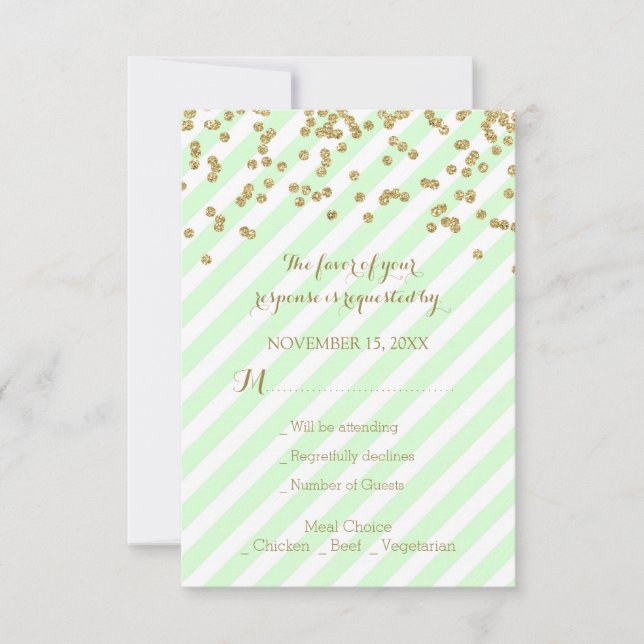 Gold Confetti Mint Stripes Wedding RSVP (Front)