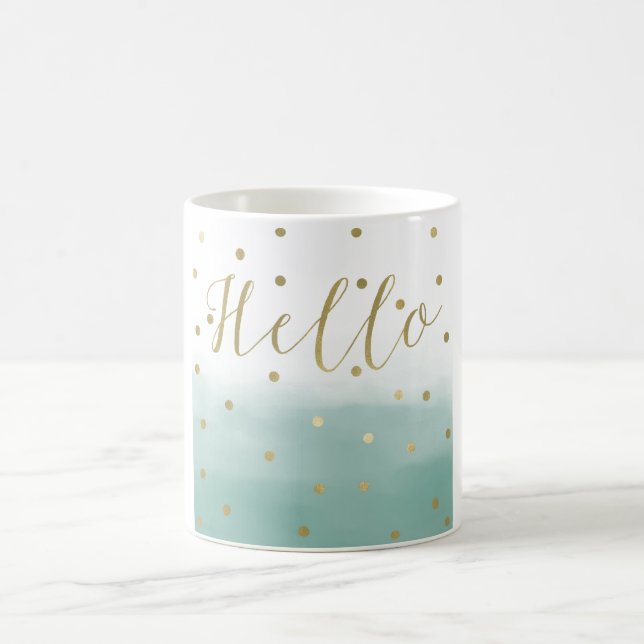 Gold Confetti Mint Watercolor Hello Coffee Mug (Center)