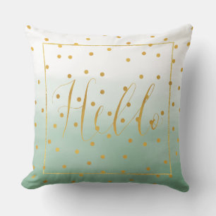 Gold Confetti Mint Watercolor Hello Cushion
