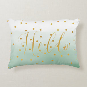 Gold Confetti Mint Watercolor Hello Decorative Cushion