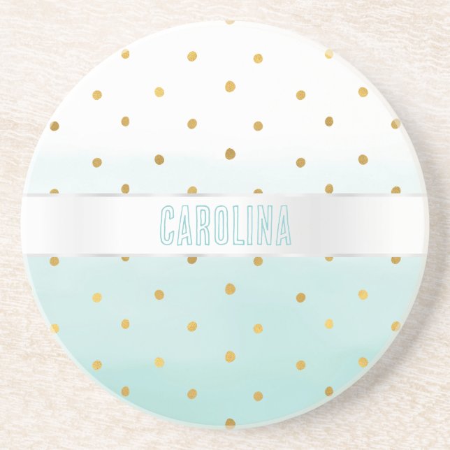 Gold Confetti Mint Watercolor Name Coaster (Front)