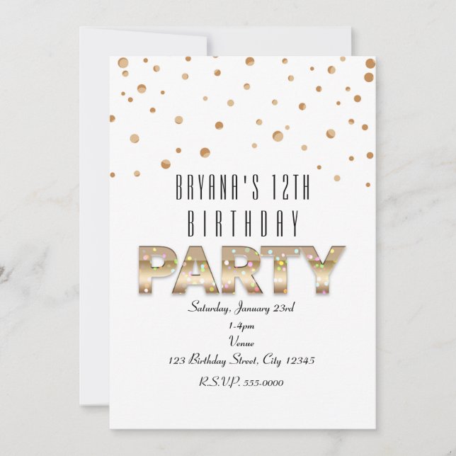 Gold & Confetti Modern Birthday Party Invitations (Front)