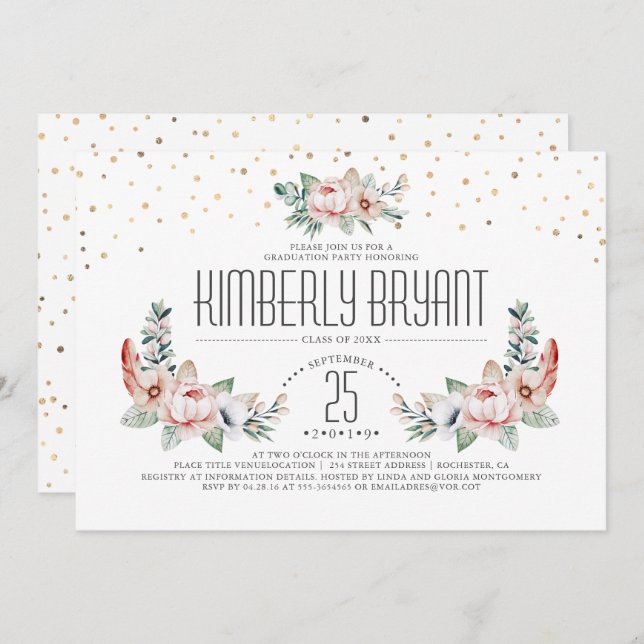 Gold Confetti | Modern Floral Graduation Party Invitation (Front/Back)