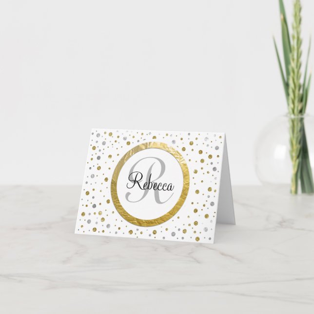 Gold Confetti Monogram Note Card (Front)