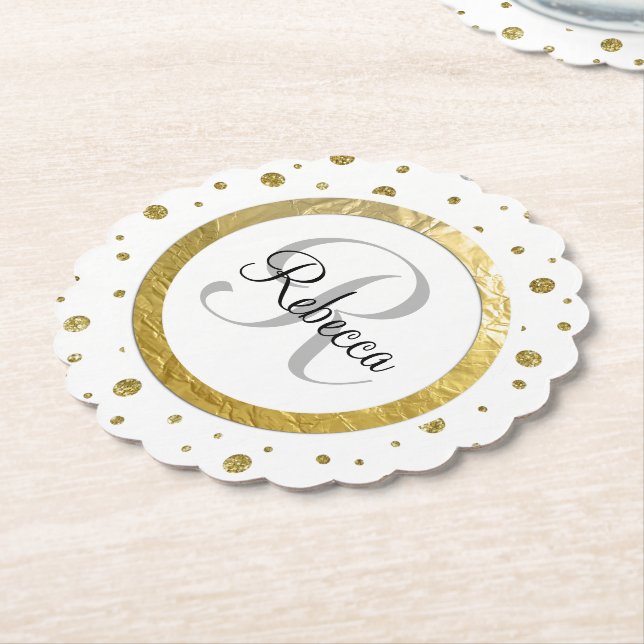 Gold Confetti Monogram Paper Coaster (Angled)
