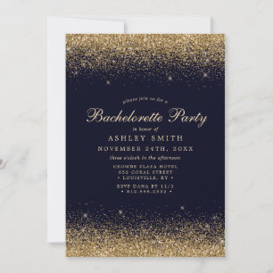Gold Confetti Navy Blue Modern Bachelorette Invitation