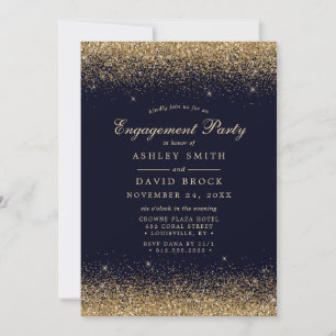 Gold Confetti Navy Blue Modern Engagement Invitation
