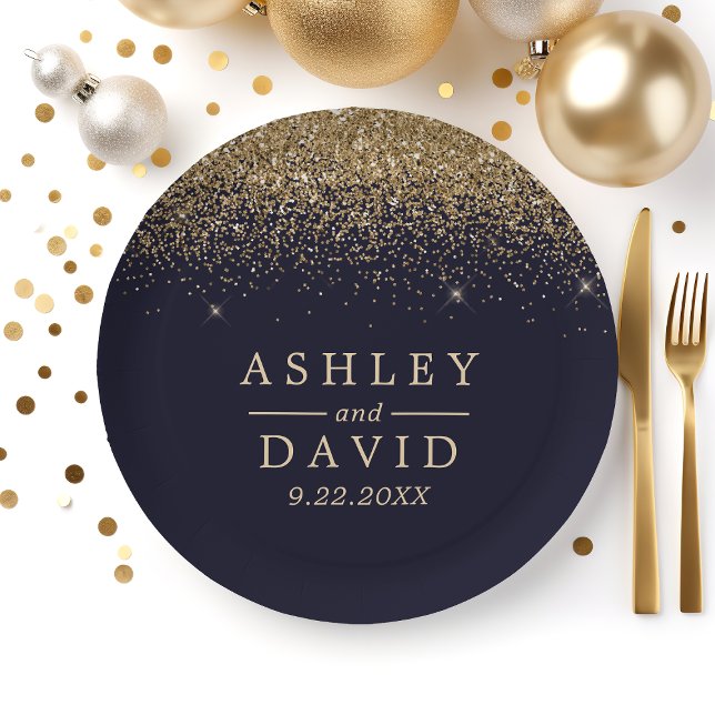 Gold Confetti Navy Blue Modern Wedding Paper Plate (Creator Uploaded)