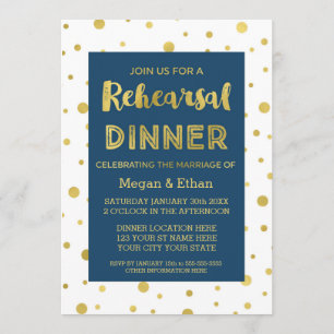 Gold Confetti Navy Blue Rehearsal Dinner Party Invitation