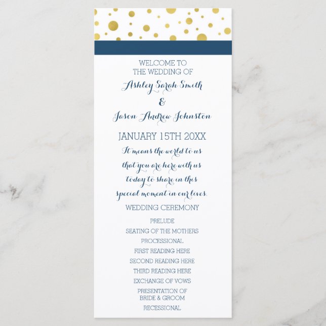 Gold Confetti Navy Blue Wedding Program (Front)