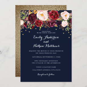 Gold Confetti Navy Burgundy Floral Wedding Invitation
