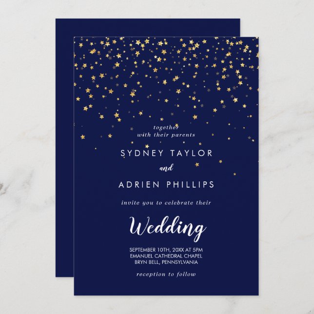 Gold Confetti | Navy Front and Back Wedding Invitation (Front/Back)