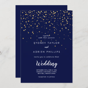 Gold Confetti   Navy Front and Back Wedding Invitation