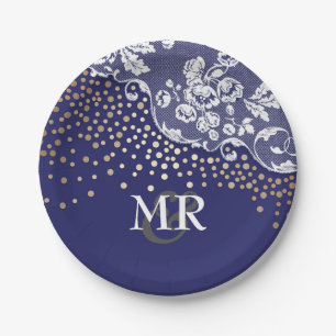 Gold Confetti Navy Lace Wedding Monogram Paper Plate