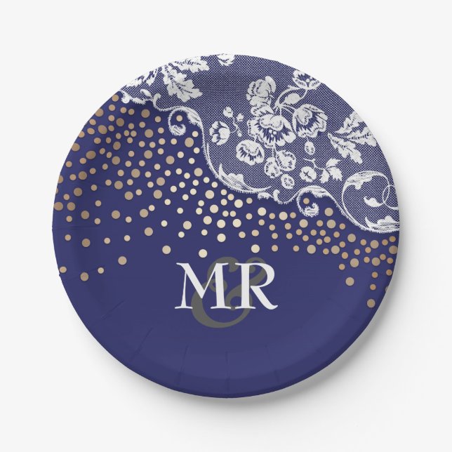 Gold Confetti Navy Lace Wedding Monogram Paper Plate (Front)