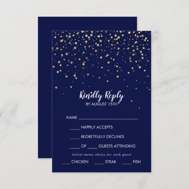 Gold Confetti | Navy Menu Choice Wedding RSVP Card (Front/Back)