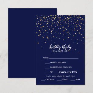 Gold Confetti   Navy Menu Choice Wedding RSVP Card