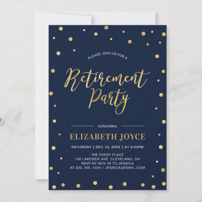 Gold Confetti & Navy | Modern Retirement Party Invitation (Front)