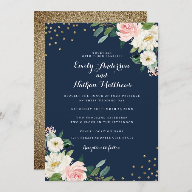 Gold Confetti Navy Pink Floral Wedding Invitation (Front/Back)
