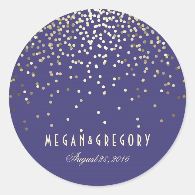 Gold Confetti Navy Wedding Classic Round Sticker (Front)