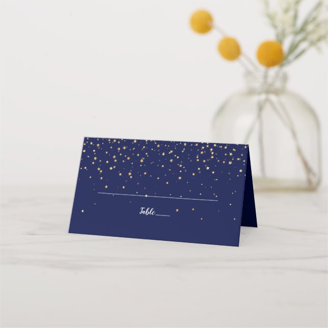 Gold Confetti | Navy Wedding Place Card (Front)
