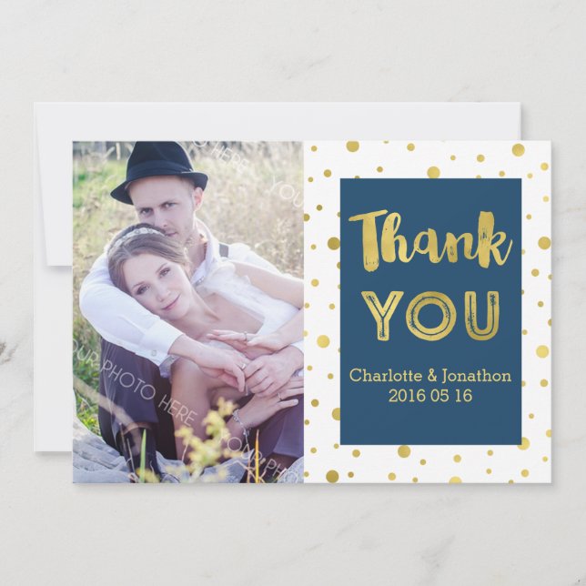 Gold Confetti Navy Wedding Thank You Photo Cards (Front)