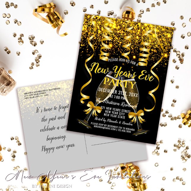 Gold Confetti New Year`s Eve Party Invitation Postcard (Creator Uploaded)