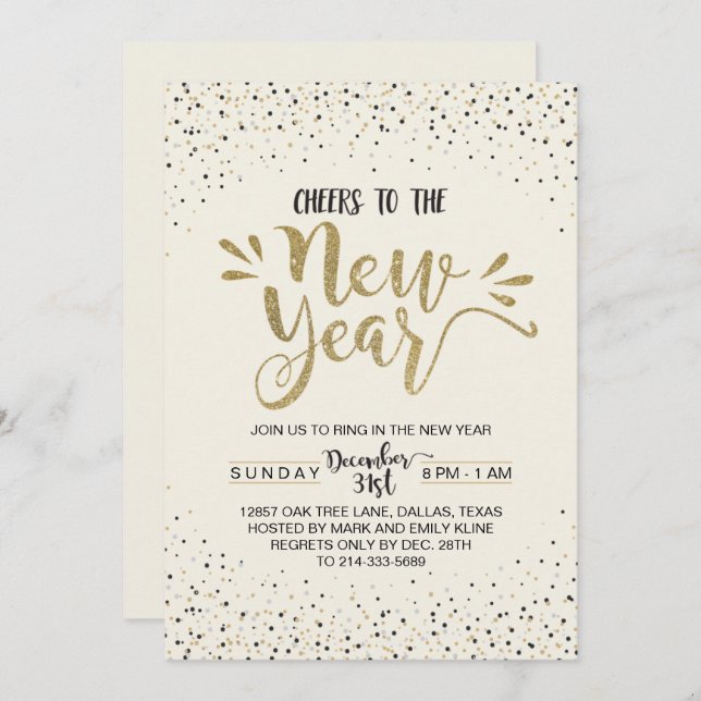 Gold Confetti New Year's Eve Party Invitation (Front/Back)