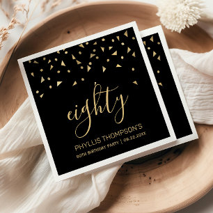 Gold Confetti on Black 80th Birthday Party Napkin