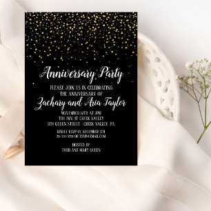 Gold Confetti on Black Anniversary  Party Invitation