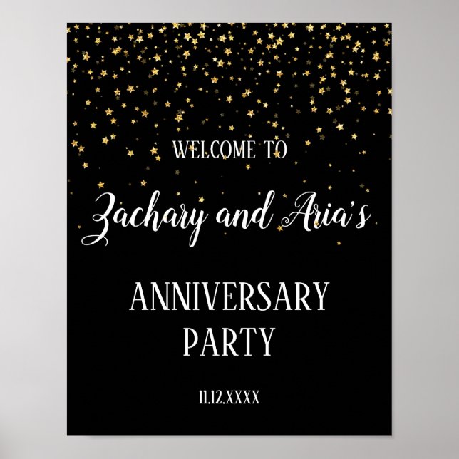 Gold Confetti on Black Anniversary Party Welcome Poster (Front)