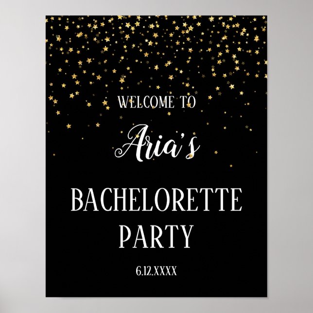 Gold Confetti on Black Bachelorette Party Welcome Poster (Front)