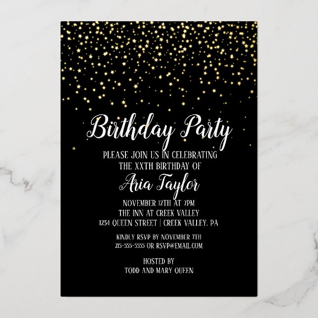 Gold Confetti on Black Birthday Party Gold (Front)