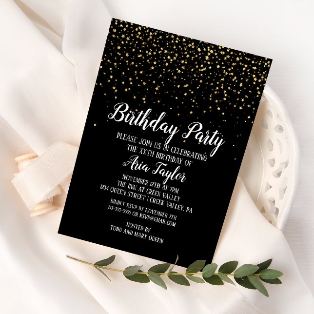 Gold Confetti on Black Birthday Party Invitation (Creator Uploaded)