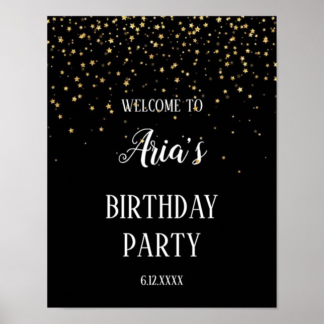 Gold Confetti on Black Birthday Party Welcome Poster (Front)