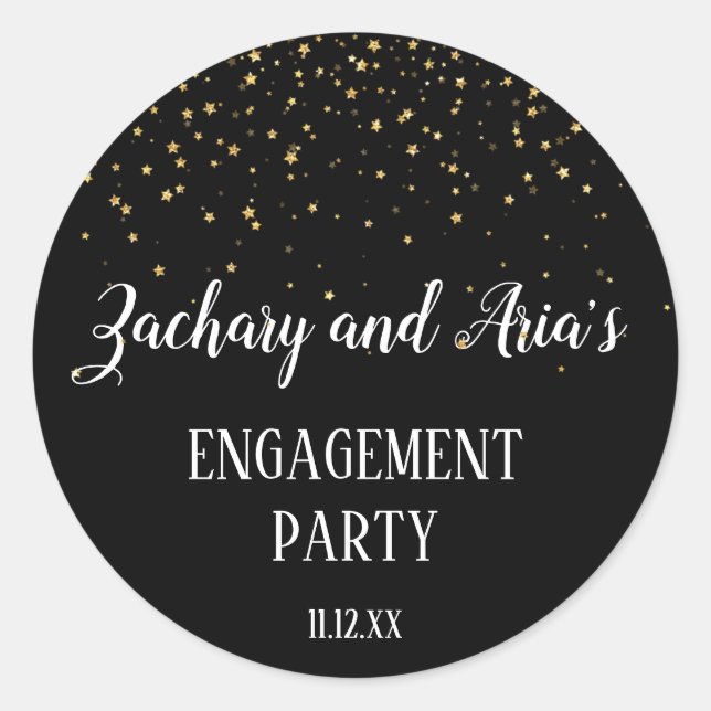 Gold Confetti on Black Engagement Party Envelope Classic Round Sticker (Front)