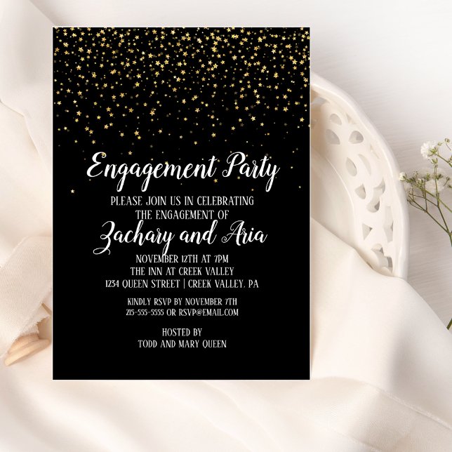 Gold Confetti on Black Engagement Party Invitation (Creator Uploaded)
